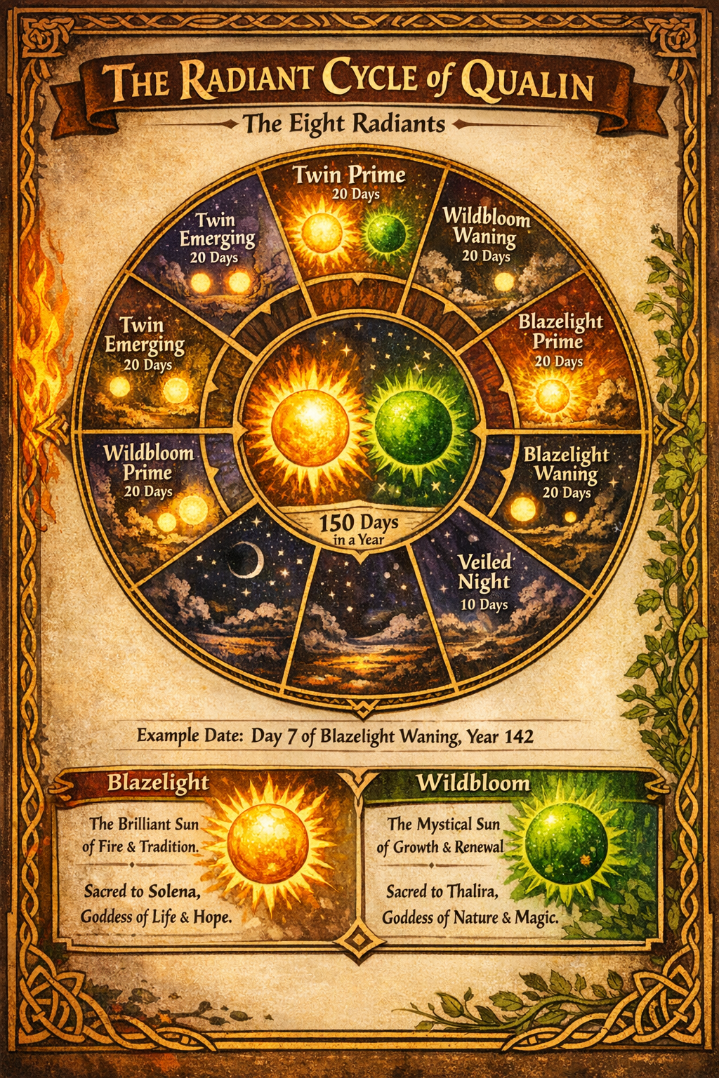 The Qualin calendar showing the eight Radiants of the twin-sun year